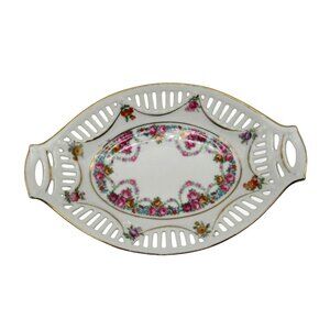 GERMAN Floral Rose Oval Reticulated Ceramic Candy DISH Vintage